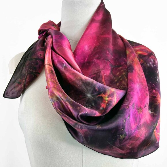 Hot Pink Abstract Cosmic Square Pure Silk Scarf - Picture 2 of 9